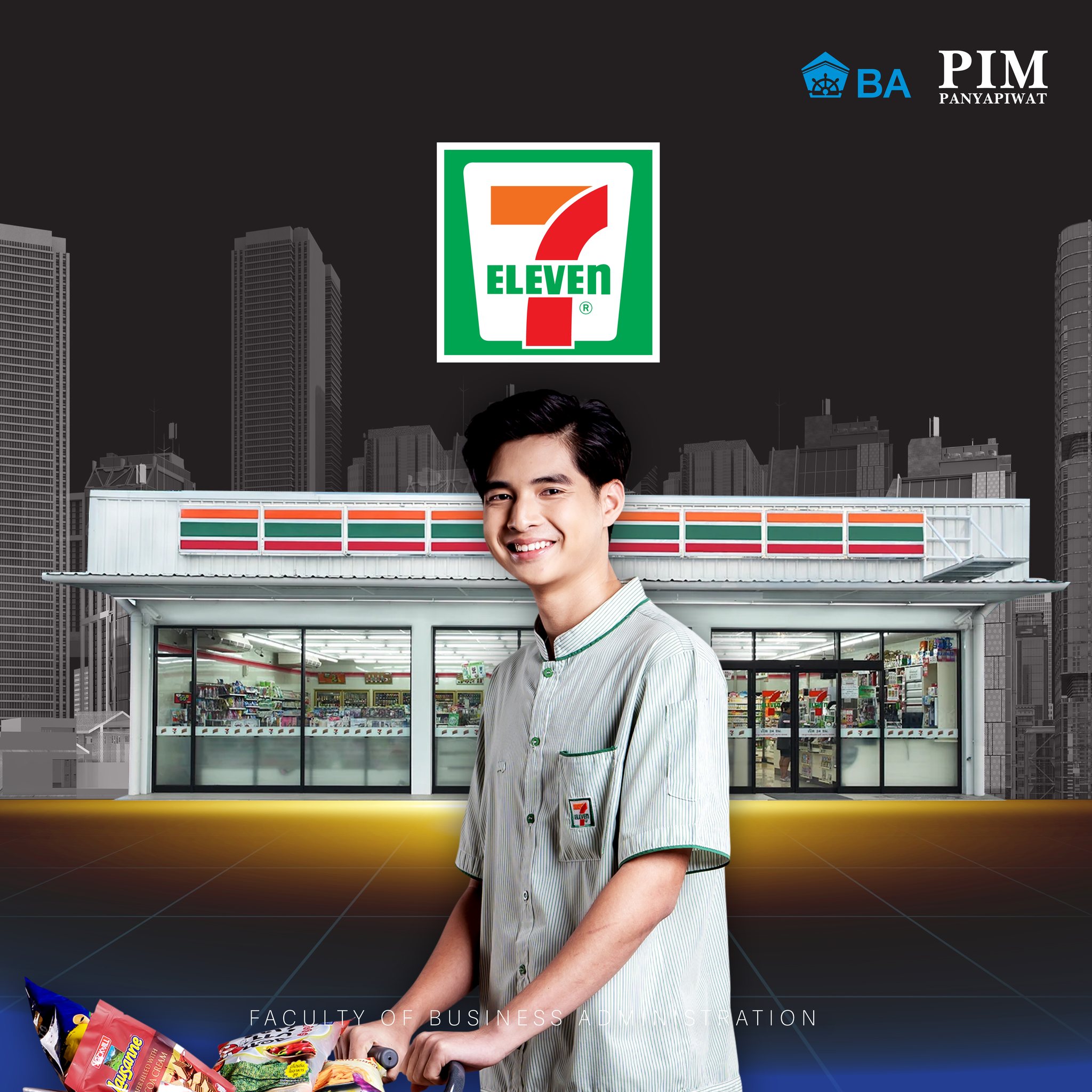 7-Eleven แบรนด์ร้านสะดวกซื้อที่มีกว่า 14,000 สาขาทั่วประเทศ บริหารโดย บริษัท ซีพี ออลล์ จำกัด (มหาชน) ร้าน 7-Eleven ทั่วประเทศเป็นที่ฝึกปฏิบัติงานของนักศึกษาทุกคณะของพีไอเอ็ม โดยเฉพาะนักศึกษาคณะบริหารธุรกิจ สาขาวิชาการจัดการธุรกิจการค้าสมัยใหม่ ที่ต้องเรียนสลับกับฝึกงานทุกๆ 3 เดือน ตลอดทั้ง 4 ปี โดยจะได้ฝึกทักษะตั้งแต่การเป็นพนักงานร้าน จนถึงทักษะการทำงานในฐานะผู้จัดการร้าน เพื่อก้าวขึ้นสู่การเป็นผู้บริหารและเจ้าของกิจการในอนาคต